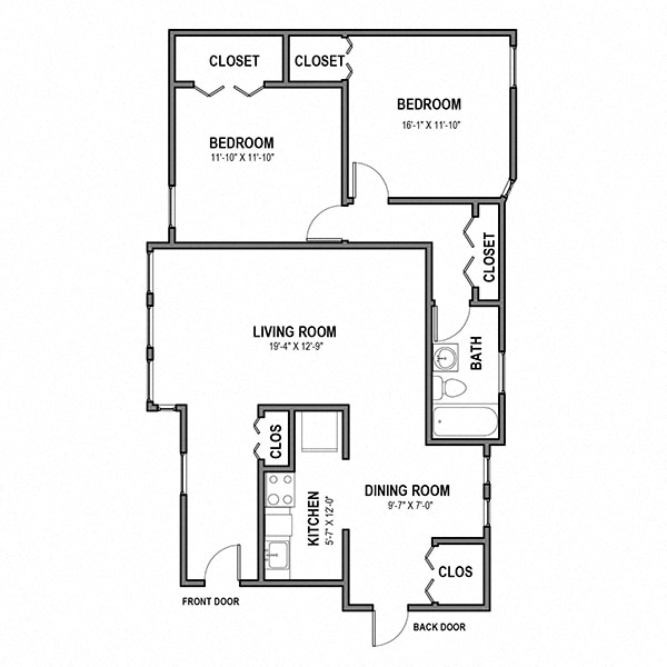 Floor plan for 2 beds, 1 bath, 936 sqft
